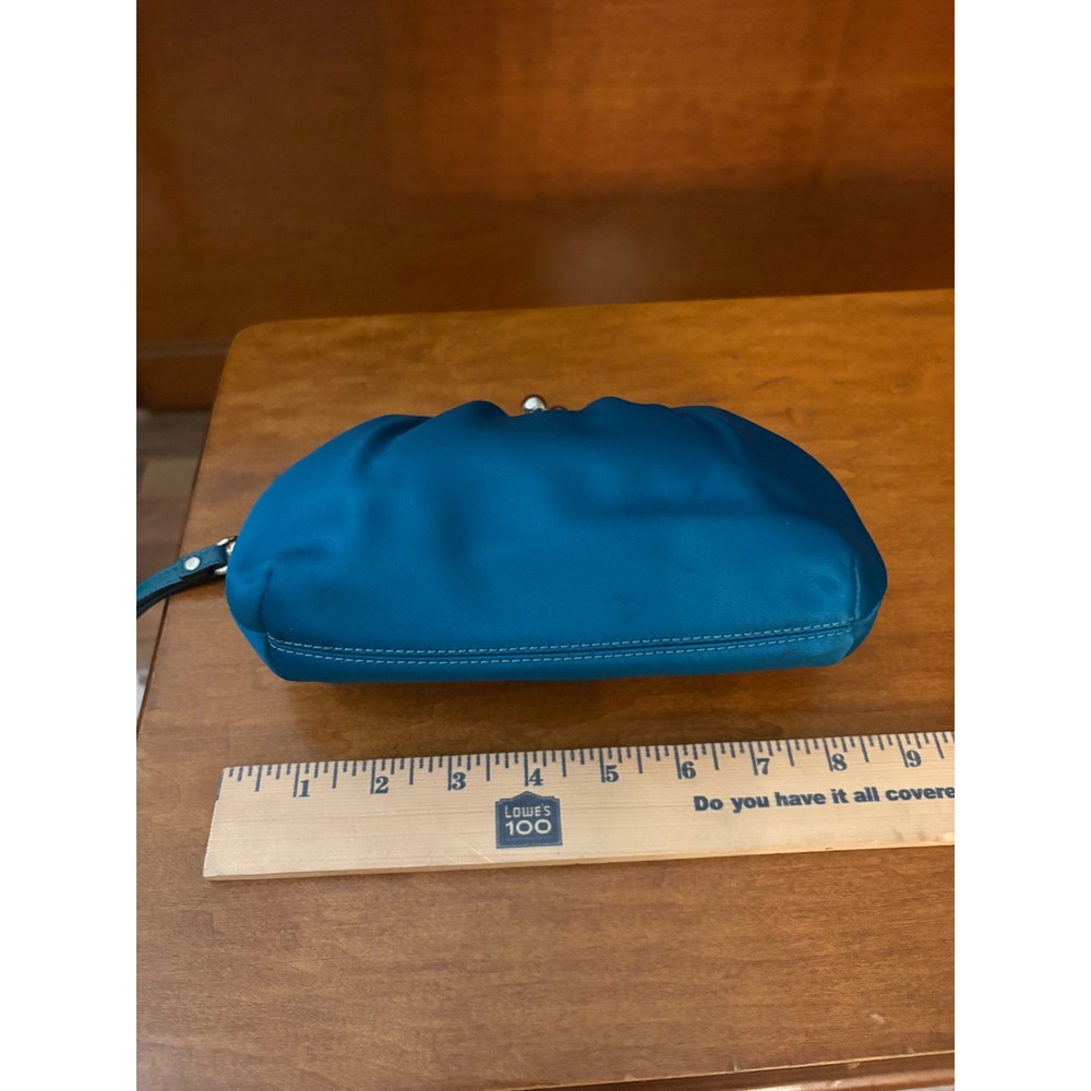 Coach Wristlet Bag Womens Satin Clutch Teal Blue Kiss Lock Vintage Evening Glam - Picture 6 of 10
